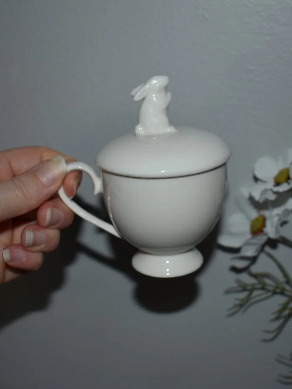 Vintage Cottage White Porcelain Bunny Rabbit Lid Mini Teacup